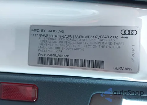 2018 Audi A4 2.0T Tech Ultra Premium/2.0T Ultra Premium из США, поврежденный, VIN WAUKMAF45JA090591